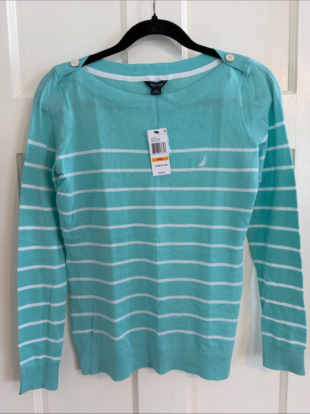 🐬Nautica turquoise/white striped boatneck sweater. Size S. NWT.